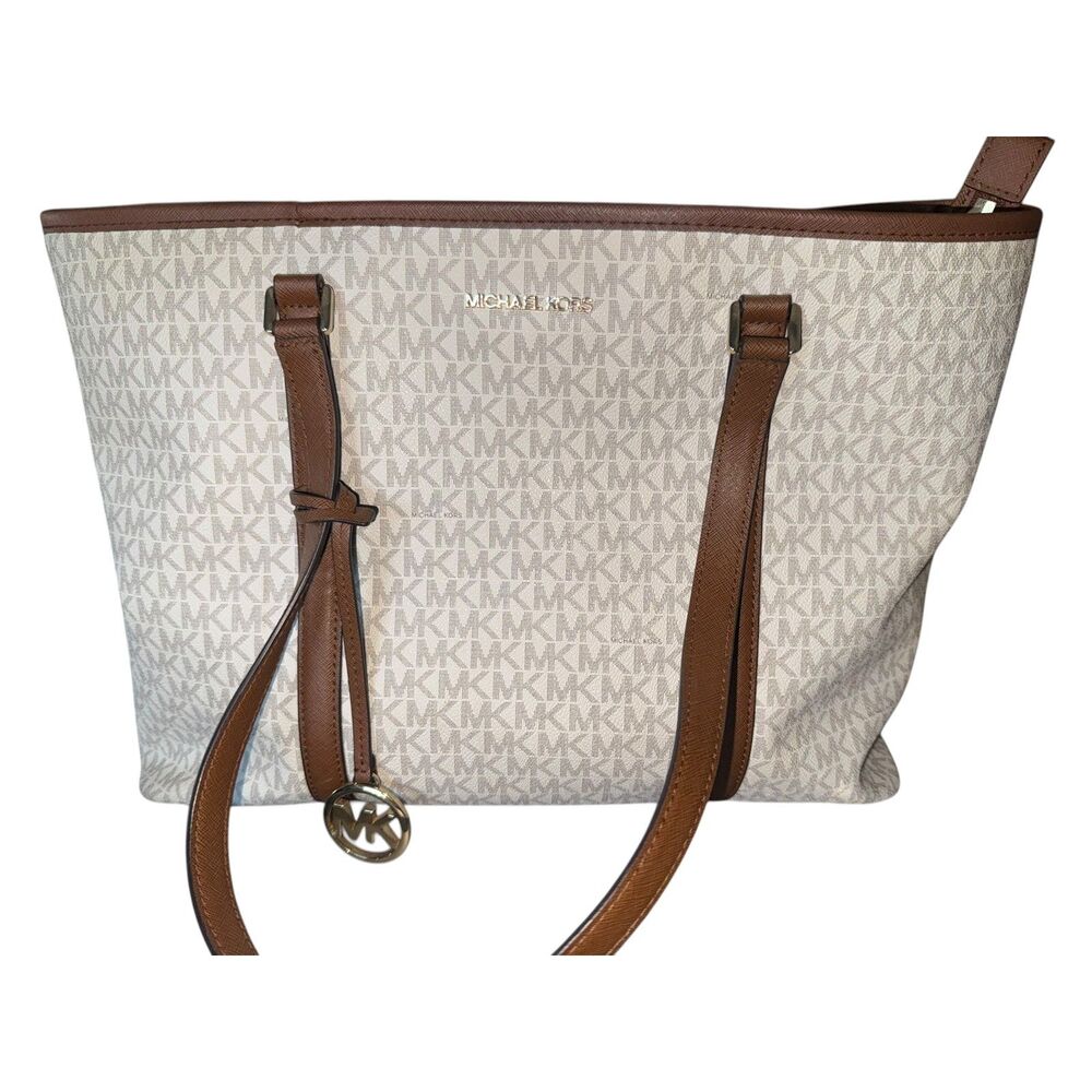 Michael Kors MK Brown Cream Leather Large Tote Logo Bag Purse - Picture 4 of 9